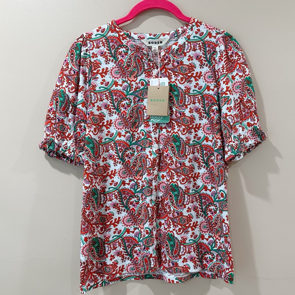Boden Top Women 4 Multi-Color Ruffle Cuff Crewneck Blouse Casual Summer New